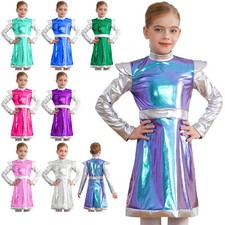 Girls Outer Space Costume Kids Alien Cosplay Fancy Dress Shiny Metallic Dresses