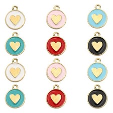 12 Mixed Small Love Heart Design Gold Tone Pendant Charms with Enamel Detail