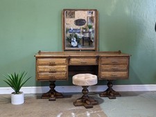 Edwardian Solid Oak Dressing Table With Mirror & Matching Stool Vintage Antique
