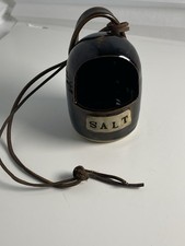 Small Stoneware Salt Pig Vintage with Leather Hanging Strap