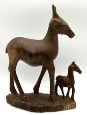 African Wooden Antelope & Calf Figurine Hand Carved 21cm On Integral Wood Base