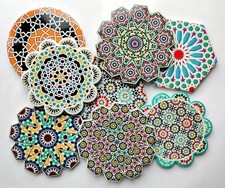 Colourful Ceramic Moroccan Design Coaster Geometric Mosaic Shaped Tile Cork Base