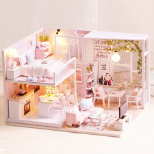 Wooded 1/24 Miniature Dollhouse LED Light Furniture Doll House Kit DIY Adult