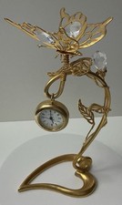 24ct Gold Plate Novelty Butterfly On Flower Clock With Crystals, Untested VGC