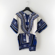 African Dashiki Shirt - Blue White Black Pattern - Oversized Boho Festival Top