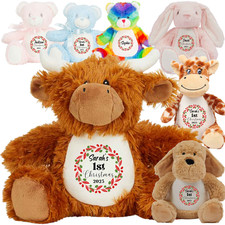 Personalised Baby's First Christmas Soft Toy Custom Name Teddy Bunny Cow Dog