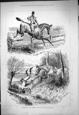 Old Hunting Field Horses Jumping Fence Huntsman Falling Stream Sport