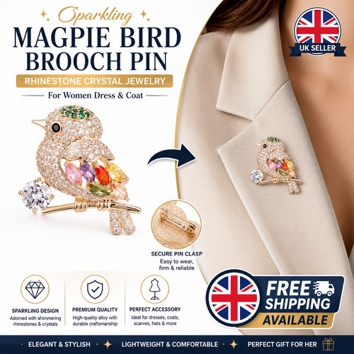 Sparkling magpie bird brooch - bird,