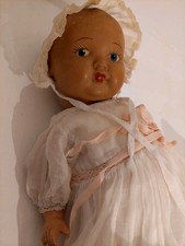Vtg Composition Baby Doll 14" 35.5cm Cotton Gown Petticoat Bonnet Needs Restring