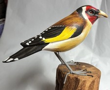 Hand Carved Wooden Goldfinch Lovely Bird Sculpture on Tree Stump Fairtrade Gift