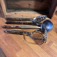 Vintage Set 4 Good Quality Wooden-Handled Stainless Steel Kitchen Utensils