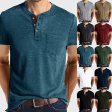 Men Short Sleeve Henley T-shirt Casual Grandad Button V Neck Solid Tee Shirt Top