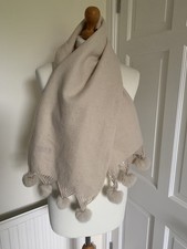 LADIES CREAM WOOL SCARF WITH FUR POM POM TRIMS
