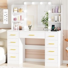 White Dressing Table with Mirror & Lights, 9 Drawers, Glass Top & Power Outlet