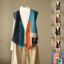 Women Retro Knitted Cardigan Waistcoat Lady Gilet Sleeveless Sweater V-neck