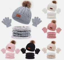 3Pc Children Pompom Hat Scarf