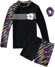 Girls Long Sleeve Swimsuits Rash Guard Sun Protection UPF 50+ Swimwear 2 Piece S