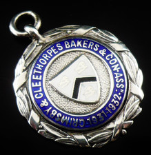 Sterling Silver Enamel Pocket Watch Fob Medal, Grimsby Cleethorpes Bakers 1931