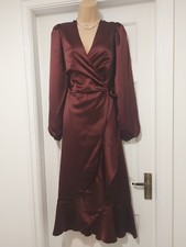 LIPSY CURVES LIKE THESE BURGUNDY SATIN FRILL WRAP OVER MIDI PARTY DRESS  SIze 18