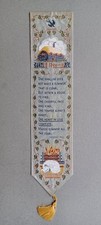 VINTAGE WOVEN SILK BOOKMARK - WHITE CAT, SWALLOW, COTTAGE, RHYME "ONE SWALLOW"