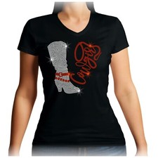 V neck Cowgirls Boots Rhinestone t shirt Line Dancing Ladies all size 8-24