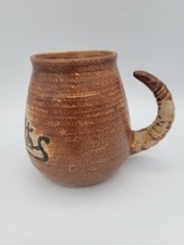 Studio Art Pottery Mugs Signed AK Horn Handle Viking Ship