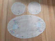 x3 Vintage Crinoline Lady White semi sheer Embroidered Centrepiece  dresser set