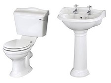 Traditional Bathroom Basin Sink and Toilet WC Cistern Pan With Seat Set Suite
