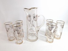 Vintage Floral Lemonade Set 7pcs Jug Glasses Gilt 50s 60s Handmade