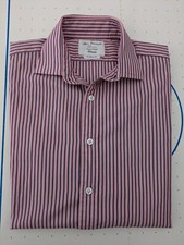 Mens TM Lewin John Francomb Shirt Fully Fitted Pink Blue Stripes Size 15 Medium 