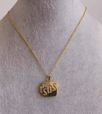 Vintage Square SOS Talisman Pendant Gold Tone Medical Info On Chain Necklace
