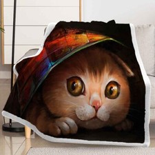 Big-Eyed Cat Playing Hide Seek 3D Warm Plush Fleece Blanket Picnic Sofa Couch