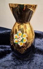 Vintage Czech Amethyst Purple Glass Vud Vase. Gold & Enamel Trim