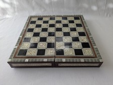 Backgammon Board & Chess Set Geometric Handmade Wood Mosaic & Mother Of Pearl