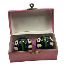 Vintage 2 Baoding Chinese Iron Chime Meditation Music Balls Blue w/ Panda & Box
