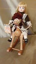 Porcelain Doll on Wooden Rocking Horse Ornament Classic Dress Golden Hair 