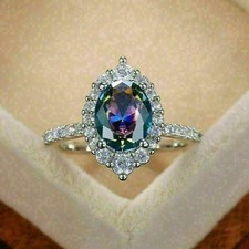 2.19 Ct Oval Cut Alexandrite Halo Modern Women's Engagement Ring 14K White Gold