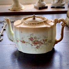 Antique Teapot Victorian / Edwardian Porcelain Blush Ivory & Roses