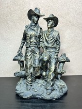 Cow Girl & Cow Boy Sitting on a Fence Figurine (H:23cm) Bronze Look Resin - Used
