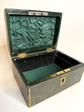Small Antique Victorian Green Leather Bound Wooden Trinket Box / Chest 15cmx11x8