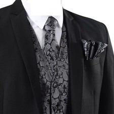 Men's Paisley Waistcoat Vest + Tie + Pocket Square Handkerchief Set Wedding