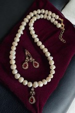🩸 Ruby Zircon & Freshwater Pearl Necklace and Earrings Set – Vintage Style