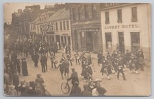 RPPC Kirkcudbright Military Parade Pipe Band & Cavalry Albert Hotel RP Scotland