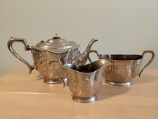 Vintage Britannia Metal Tea Set | Floral Embossed | Teapot, Creamer & Sugar Bowl
