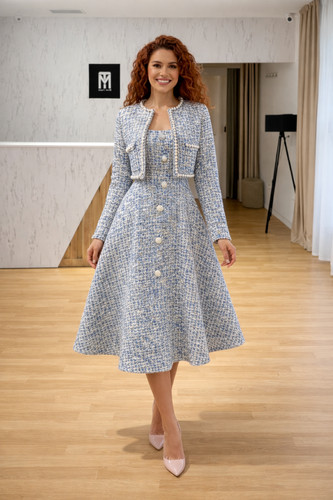 Blue tweed midi dress - dress, |