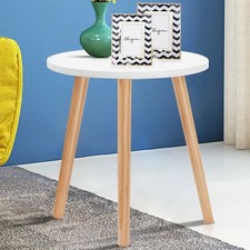 White Natural Wood Legs Round Side Table