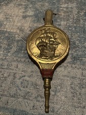 Vintage Bellows Fireplace Wood Leather Embossed Pipe Smokers Brass 18" Decor