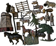 LOT OF VINTAGE  LEAD FARM YARD ANIMALS FARMER BUILDINGS TREE PEACOCK