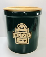 Large Vintage Dark Green Farmhouse Style Ceramic Bread Crock with Wooden Lid