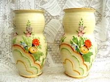 PAIR CROWN DEVON ART DECO LARGE VASES ** FLORAL ** 1930s **     PLEASE READ